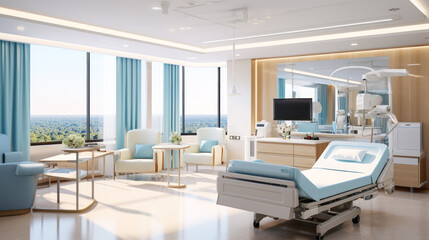 Hospital room with high-rise views, minimalist furnishings, and an inviting atmosphere for recovery. Generative AI