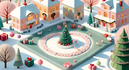 Christmas background with gift boxes and fir trees. isometric 3D illustration.