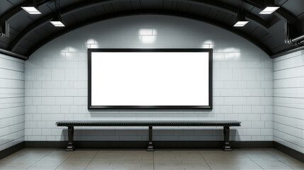 Subway station interior with white brick wall and empty ad space above bench. Clean design and advertisement space concept Generative AI