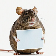 Image of Rat with a Sign, Holding a blank sign isolated on a White Background