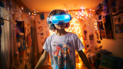 A girl kid wearing VR headset, stands in living room, enjoying a virtual reality experience with joy. Orange neon room. Concept of future tech. Ai generative