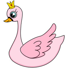Cartoon pink pastel swan with orange beak and small yellow with red dot crown