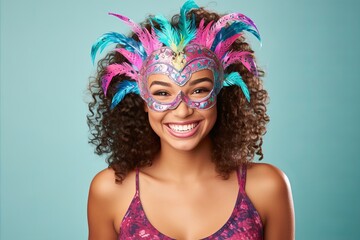 Naklejka premium Elegant young woman wearing carnival mask on vibrant studio background with space for text