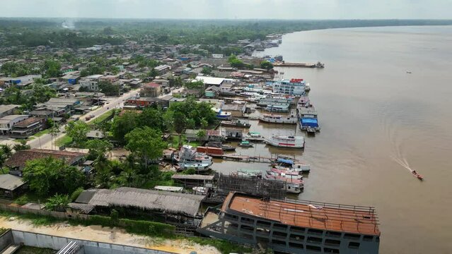 Aerial drone view of Breves city waterfront along the Parauau river in the Marajo archipelago region