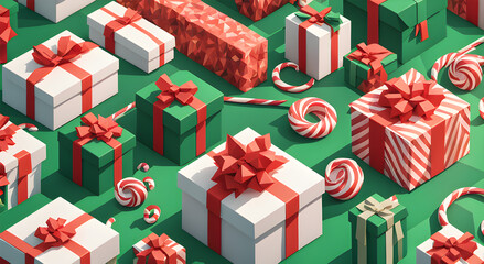 Christmas background with gift boxes and fir trees. isometric 3D illustration.