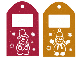 Tags for christmas and new year. Snowmen and snowflakes.