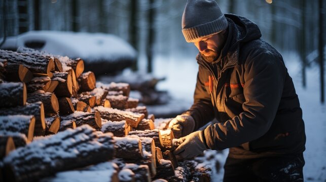 A man in winter clothing is stacking firewood in a snowy forest, the warm glow of sunset reflecting off the snow, highlighting the quiet labor of preparation for colder days. - Powered by Adobe