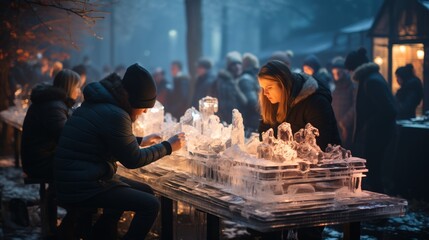 Sculptors and admirers are engrossed in an ice carving display, illuminated by warm lights against a dusk sky at a bustling winter market. - obrazy, fototapety, plakaty