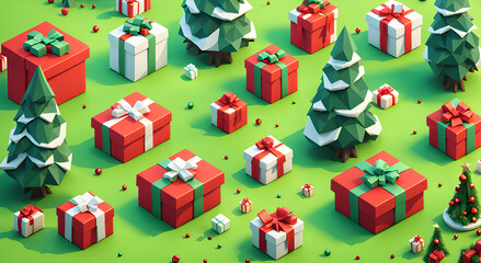 Christmas background with gift boxes and fir trees. isometric 3D illustration.