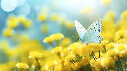 Zelfklevend Fotobehang butterfly on a flower,Yellow Grass Butterfly Images,Cute Blue Butterfly ,Abstract wallpaper for desktop,Beautiful landscape images.AI Generative   © kin
