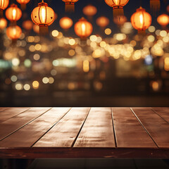 Dark wooden table top with blurred restaurant background chinese new year theme