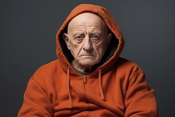 Fototapeta premium Portrait of a satisfied man in his 70s sporting a comfortable hoodie against a plain cyclorama studio wall. AI Generation