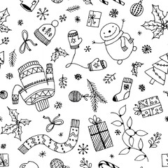 White and black simple doodle hand drawn christmas illustrations background.Print xmas,new year party wrapper,cards,invitations,design