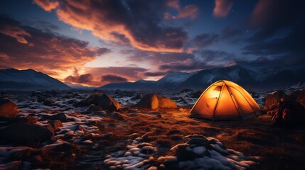  a solitary tent glowing warmly against the backdrop of a stunning twilight sky, with snow-covered rocks around it, set in a vast mountainous landscape.