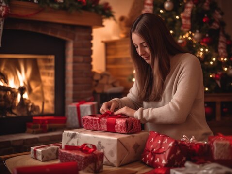 A focused woman is tying a ribbon around a Christmas gift, the warm ambiance of the fireplace and tree lights adding to the cozy, festive atmosphere of the holiday season.