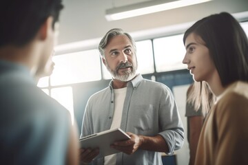 Male teacher talking working in group. Instructor workspace horizontal university. Generate Ai