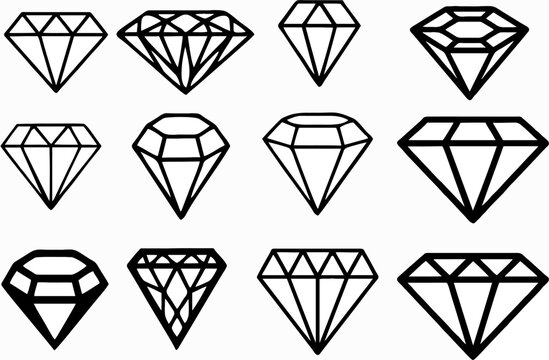  Abstract black diamond collection icons. A set of diamonds. Linear outline sign. Editable vector, reuse in designing jewellery related flyer, poster or exhibition. Easy to change color or manipulate.