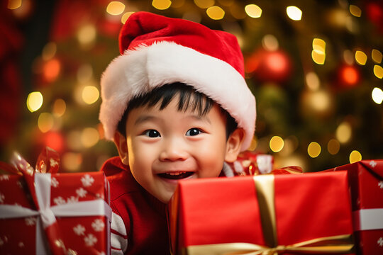 Generative AI portrait of small funny child believe in santa claus waiting christmas gifts presents