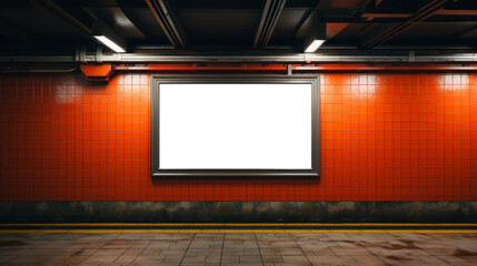 Vibrant red subway platform with blank advertising billboard. High contrast and marketing potential concept Generative AI