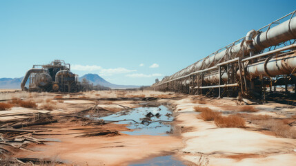 Fototapeta na wymiar Abandoned oil refinery in desert with dilapidated structures. Market decline concept. Generative AI
