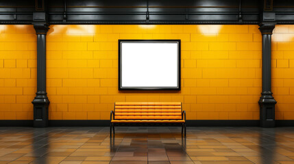 Bright subway corridor with yellow tiles and a blank billboard above seating. Generative AI