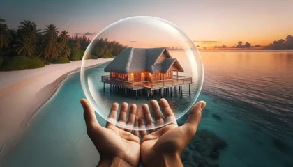 Fotobehang Family house holding by man hands. Bubble covers the roof. Home protection and insurance concept. Safe residence area. Ai generative © ImageFlow