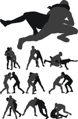 Set of silhouettes athletes wrestler in wrestling, fighting. Greco Roman wrestling, fight, combating, struggle, grappling, duel, mixed martial art, sportsmanship