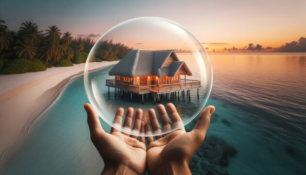 Family house holding by man hands. Bubble covers the roof. Home protection and insurance concept. Safe residence area. Ai generative