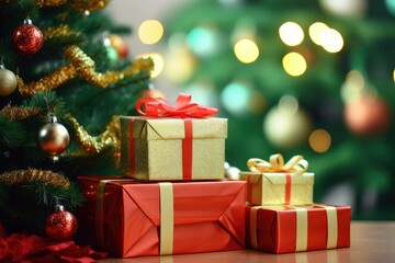 Obraz na płótnie Canvas A Festive Christmas Tree with Colorful Presents Adorned