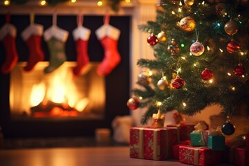 Fototapeta na wymiar Festive Christmas Tree with Colorful Stockings Hanging