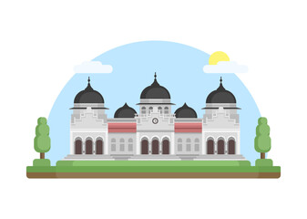 Fototapeta na wymiar Baiturrahman Grand Mosque Aceh, Indonesia Landmark Building Flat Design illustration Vector