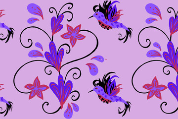 Fototapeta na wymiar Bird background sucks nectar from flowers, type 2. Suitable for fabric, tile, gift wrapping paper. on a purple-pink background