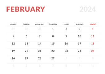 Monthly page Calendar Planner Templates of February 2024. Vector layout of simple calendar with week start Monday for print. Page for size A4 or 21x29.7 cm