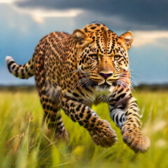 Leopard running in zoom in a large grass field view, cloudy sky, colorful nature