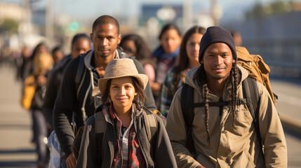 Latin American immigrants walking happily towards a better future. Group of people fleeing their city due to wars. Immigrants walking. Exodus of people leaving their home.