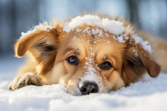 Fluffy human friend happy dog playing in the snow posing running outdoors Generative AI picture