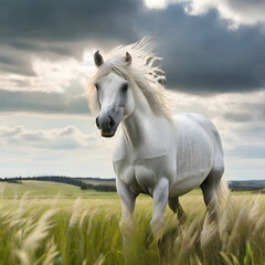 Obraz premium white horse with long hair running in zoom in a large grass field view, cloudy sky, colorful nature 
