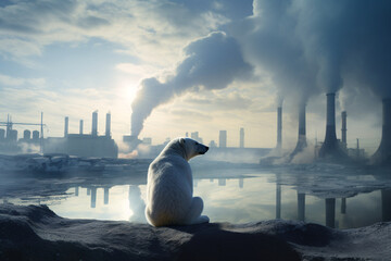 A sad polar bear sitting in front of a factory polluting the atmosphere with smoke. A depiction of the climate crisis and the problem of global warming