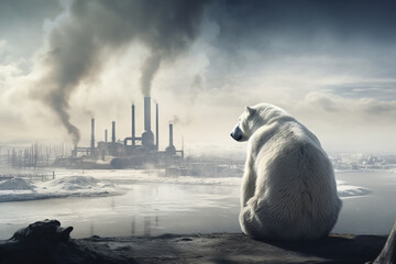 A sad polar bear sitting in front of a factory polluting the atmosphere with smoke. A depiction of the climate crisis and the problem of global warming - obrazy, fototapety, plakaty
