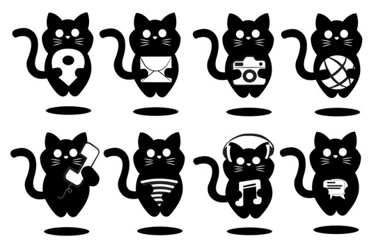 Set of black cat icons for handphone. Vector icon illustration in black and white colors.