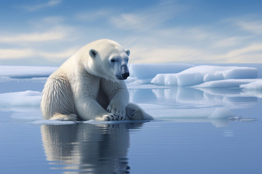 A polar bear sitting on a small ice floe depicting the concept of global warming