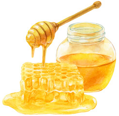 はちみつの水彩画　ハニーディッパー　ハチミツ入りの瓶　巣みつ（コムハニー） © 中沢アサカ /Aasaka Y