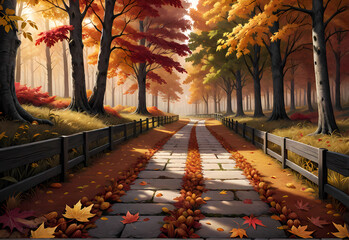 Naklejka na ściany i meble autumn in the park hyper realistic illustration background