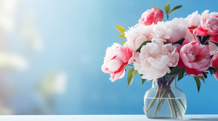 Selective focus on a bouquet of fresh tender white, pink, purple and red peonies in a glass vase against a pastel white and blue background