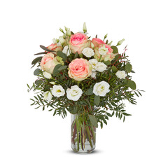 Fresh Bouquet of flowers in a glass vase cut out isolated transparent background