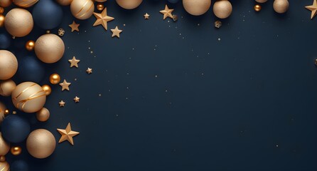 Christmas and New Year background with gold and blue decorations, balls, stars and confetti. Top view, flat lay, copy space.