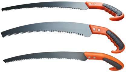 set of pruning hand saws, handy tool specifically designed for cutting through branches and small limbs with curve blade designed to make quick clean cuts through wood, isolated on white background