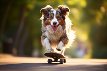A dog rides a skateboard in a summer park. The Australian Shepherd Red Merle is having fun, active sports aussie. Generative AI.