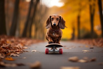A dog rides a skateboard in autumn park. Brown long - haired dachshund is having fun, an active...