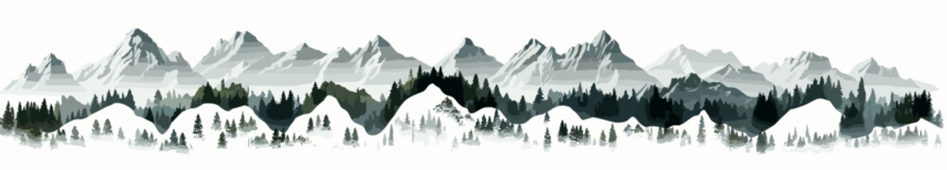 Rocky mountain vector shapes clipart on white background. Wide panoramic view. 